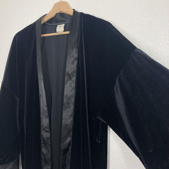 Jonquil by Diane Samandi Kimono Robe Small Black Velvet Satin Trim 3/4 Sleeve - Picture 2 of 14